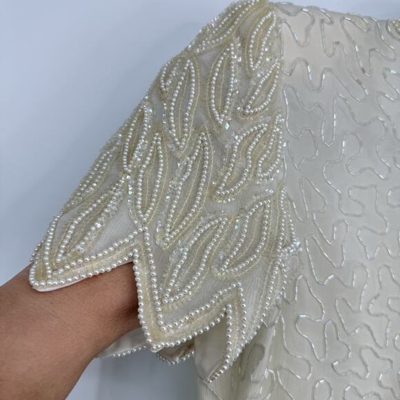 Lawrence Kazar Silk Beaded Sheath Dress Vintage size Small Ivory Short Sleeve - Picture 12 of 16